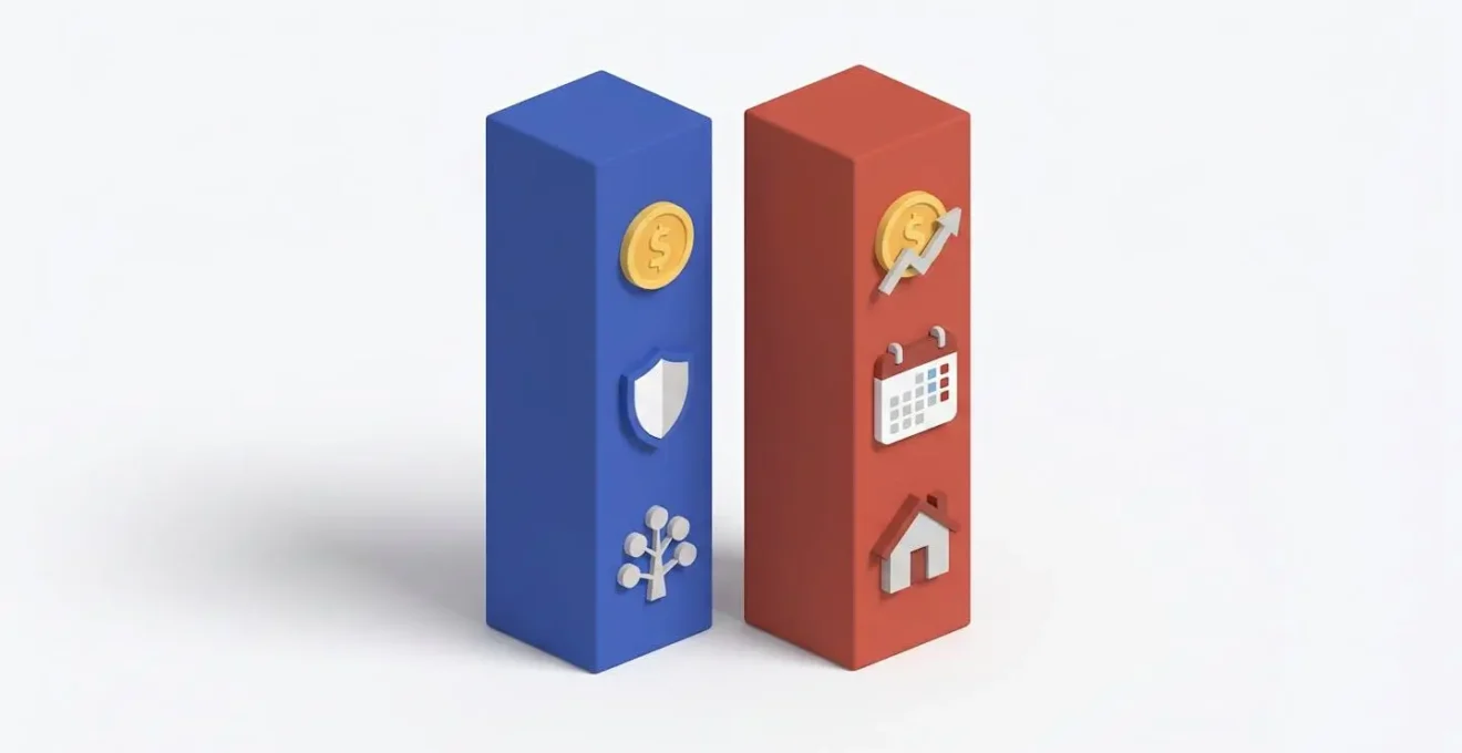 Deux piliers 3D, bleu et rouge, avec des icônes symbolisant les avantages fiscaux de l'assurance vie et du PER.