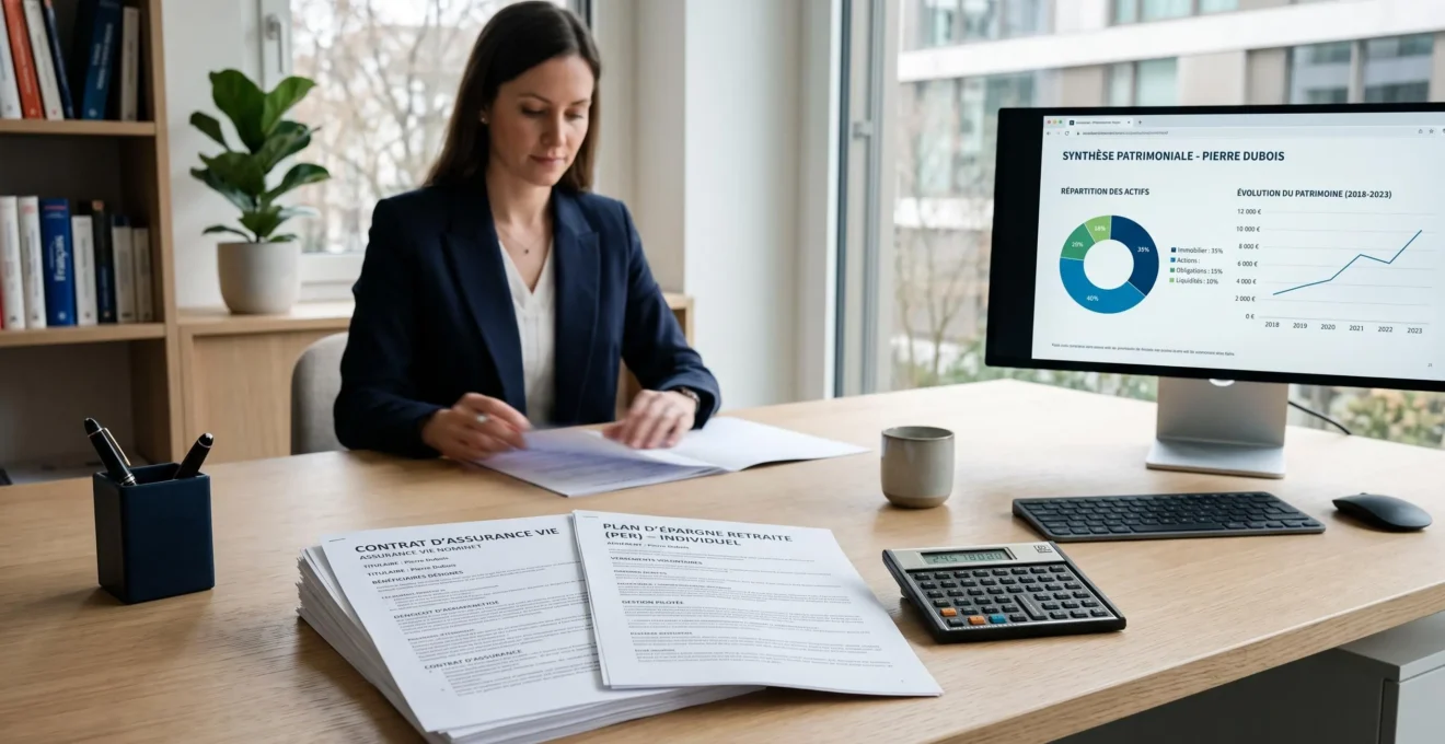 Bureau contemporain d'un conseiller financier avec documents d'épargne retraite, calculatrice et écran affichant des graphiques patrimoniaux