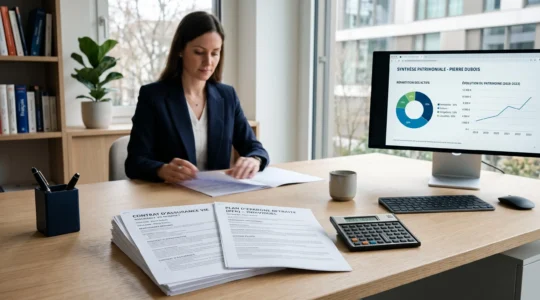 Bureau contemporain d'un conseiller financier avec documents d'épargne retraite, calculatrice et écran affichant des graphiques patrimoniaux