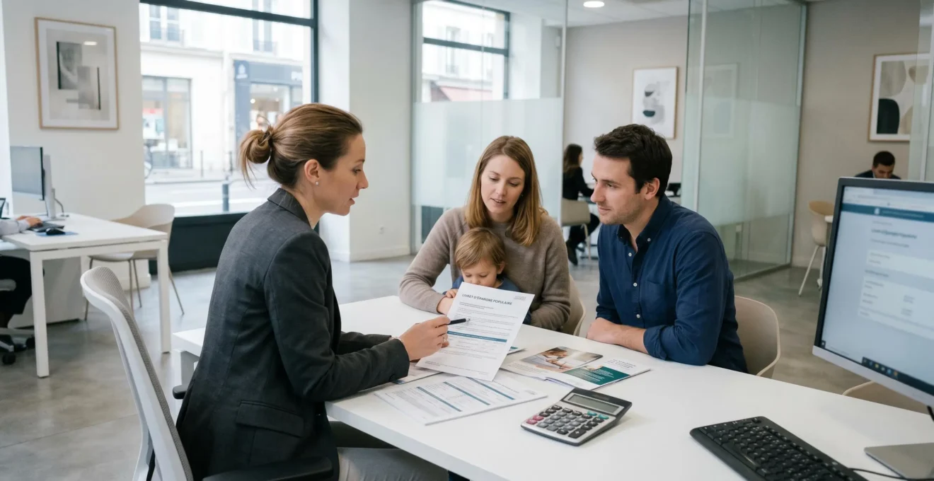 Conseiller bancaire présentant les caractéristiques du livret d'épargne populaire à une famille dans un bureau de banque moderne