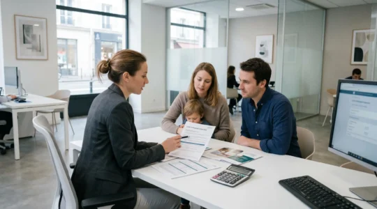 Conseiller bancaire présentant les caractéristiques du livret d'épargne populaire à une famille dans un bureau de banque moderne