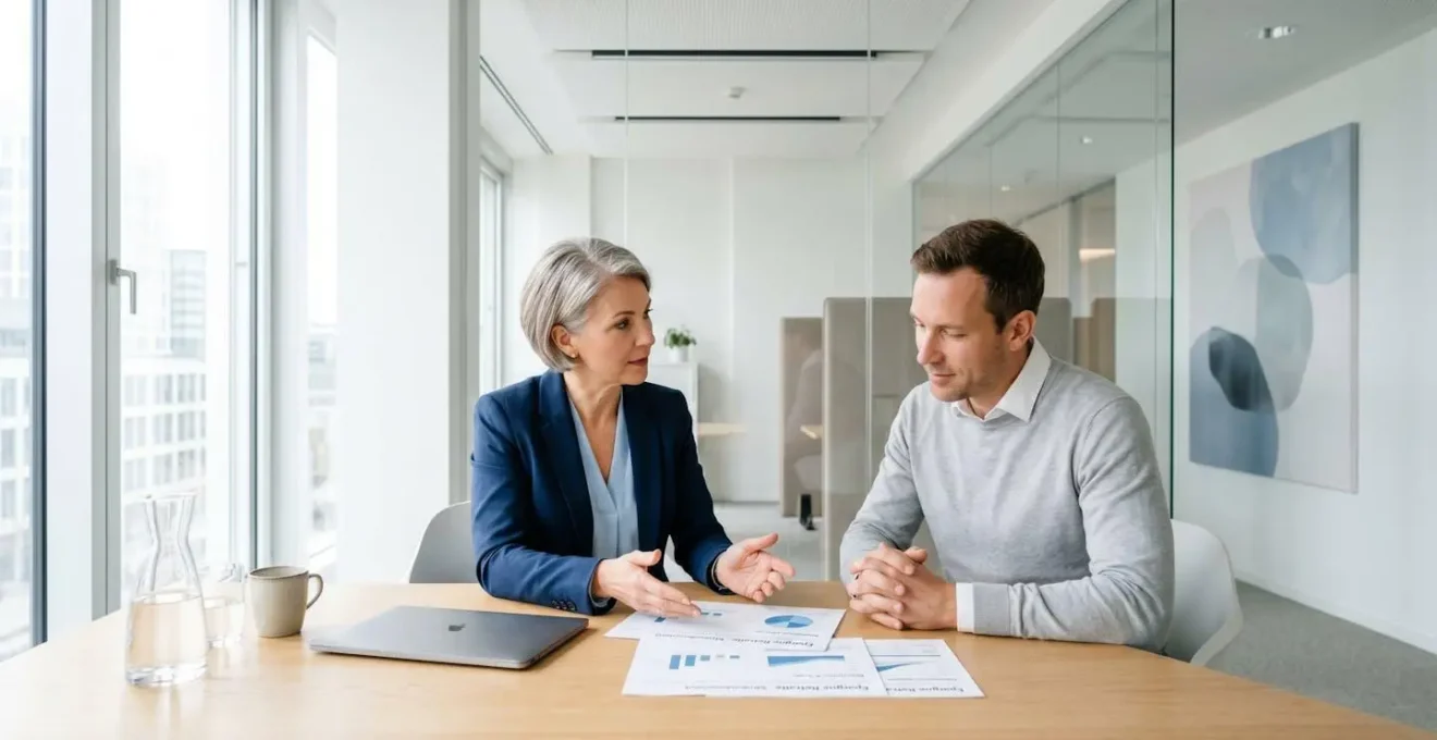 Conseiller financier en entretien avec un client dans un bureau moderne, documents d'épargne retraite sur la table