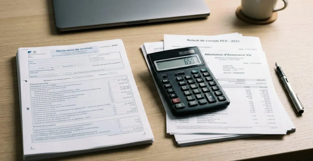 Documents fiscaux et d'épargne retraite organisés sur un bureau avec calculatrice pour optimisation