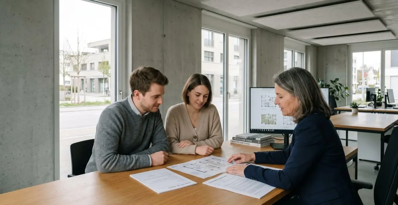Jeune couple consultant des documents de financement immobilier avec un conseiller dans une agence immobilière moderne