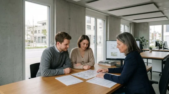 Jeune couple consultant des documents de financement immobilier avec un conseiller dans une agence immobilière moderne