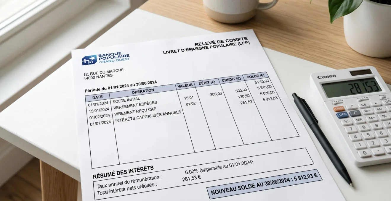 Relevé bancaire d'un livret d'épargne populaire montrant l'évolution des intérêts capitalisés avec une calculatrice