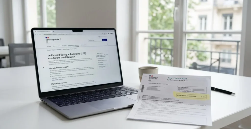 Avis d'imposition français montrant le revenu fiscal de référence avec ordinateur affichant les critères d'éligibilité LEP Avis d'imposition français montrant le revenu fiscal de référence avec ordinateur affichant les critères d'éligibilité LEP